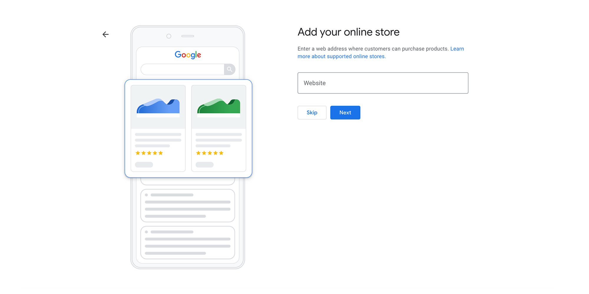 screenshot of web page showing the add your online store section of the google business profile set up