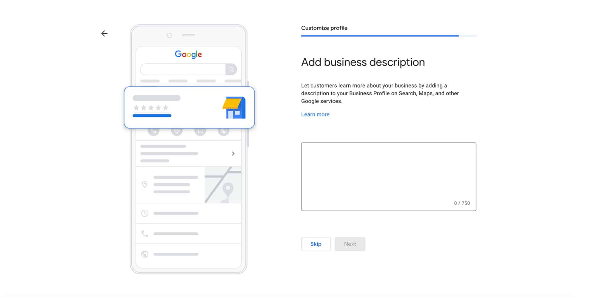 screenshot of web page showing the add business description section of the google business profile set up