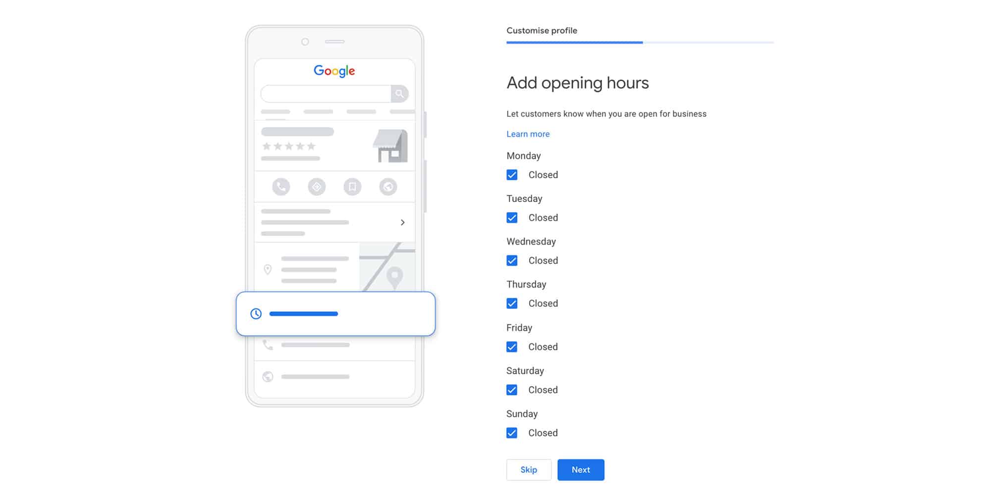 screenshot of web page showing the add business hours section of the google business profile set up