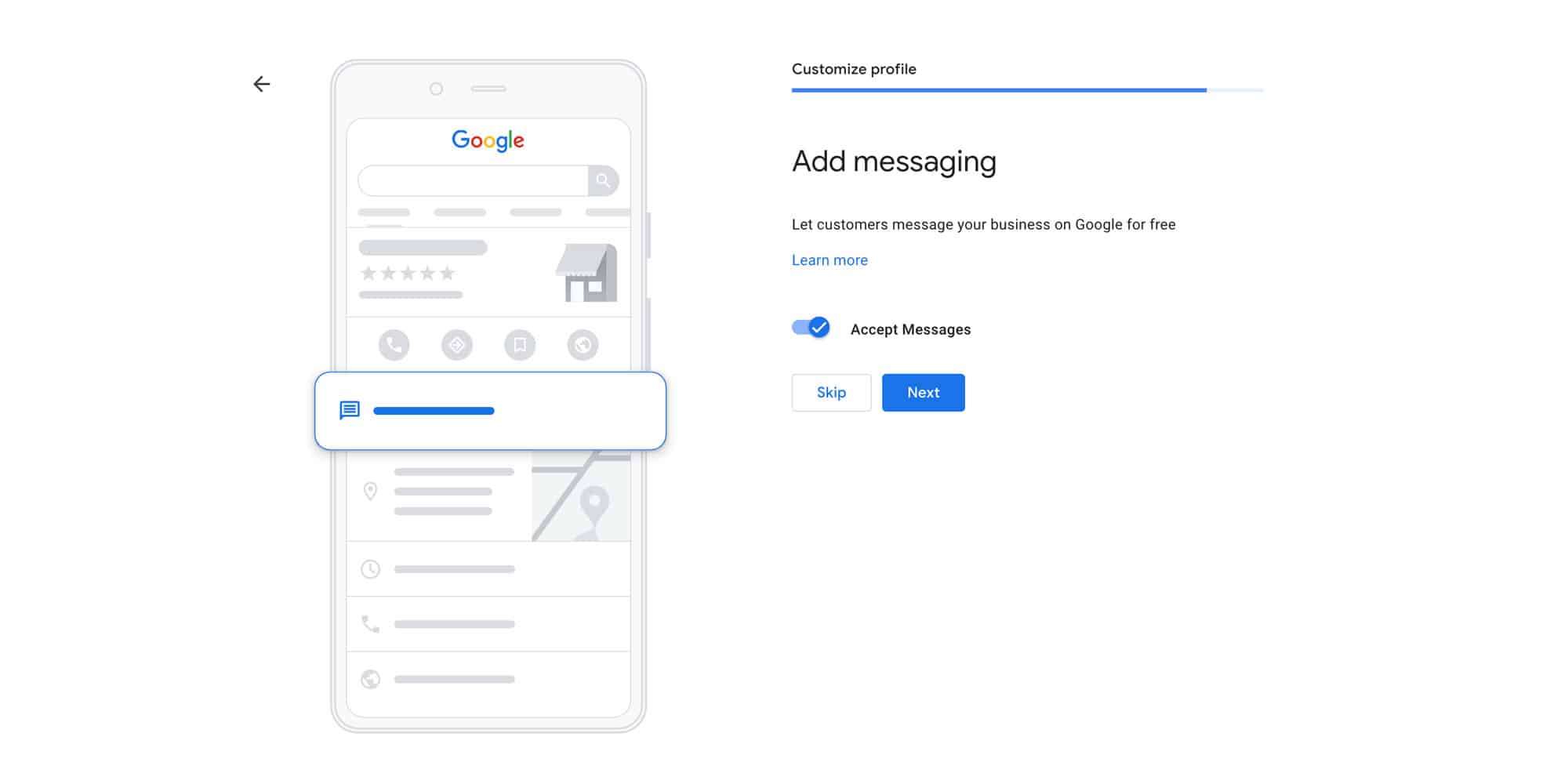screenshot of web page showing the add messaging section of the google business profile set up