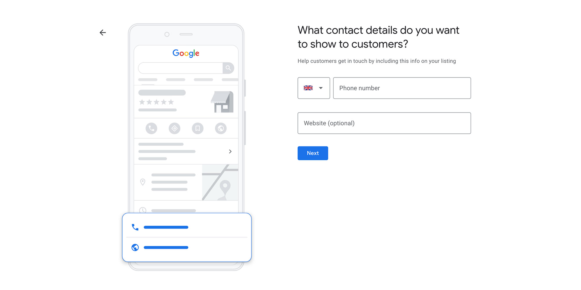screenshot of web page showing the adding contact details section of the google business profile set up
