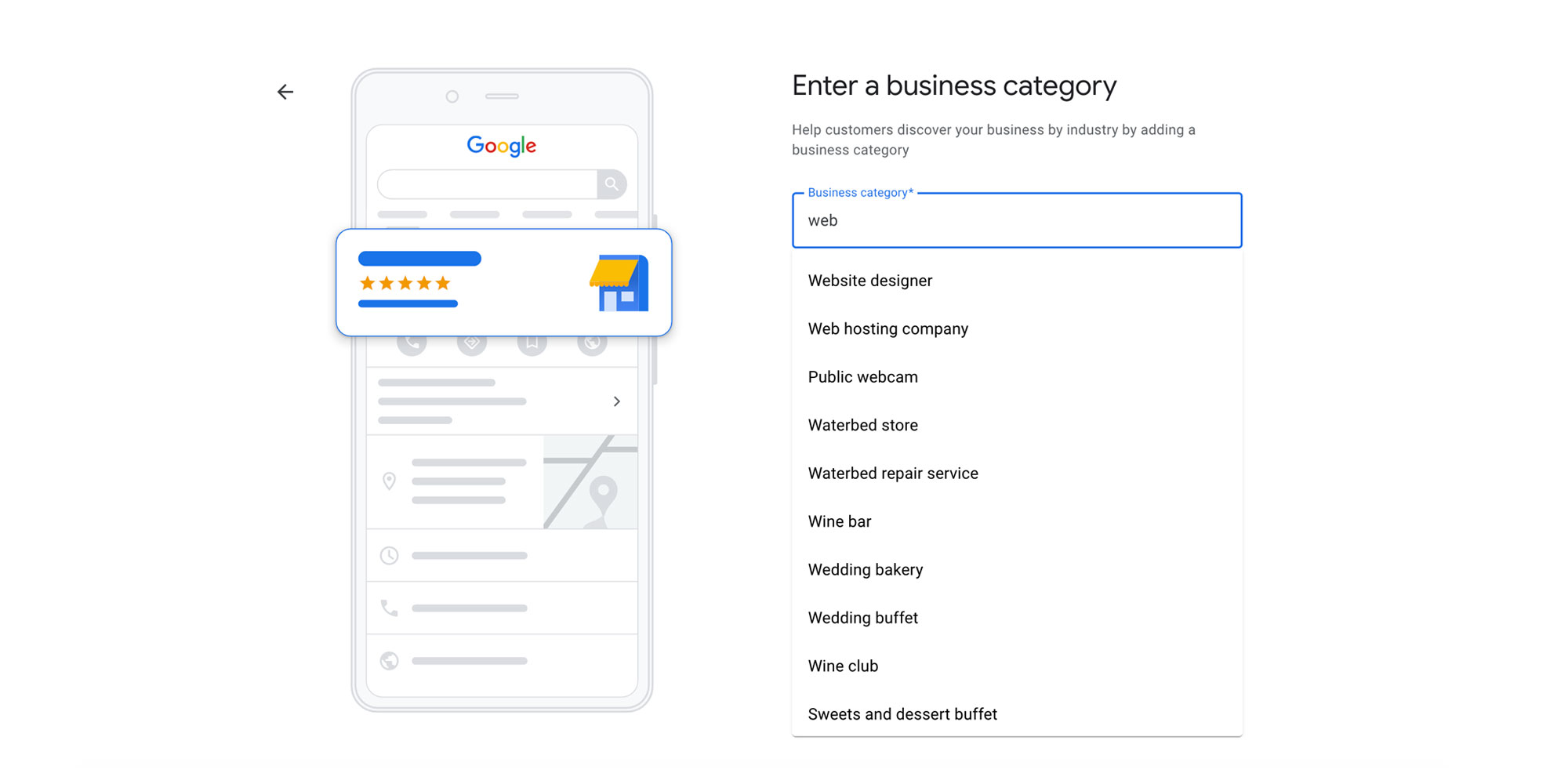 screenshot of web page showing the enter your business category section of the google business profile set up