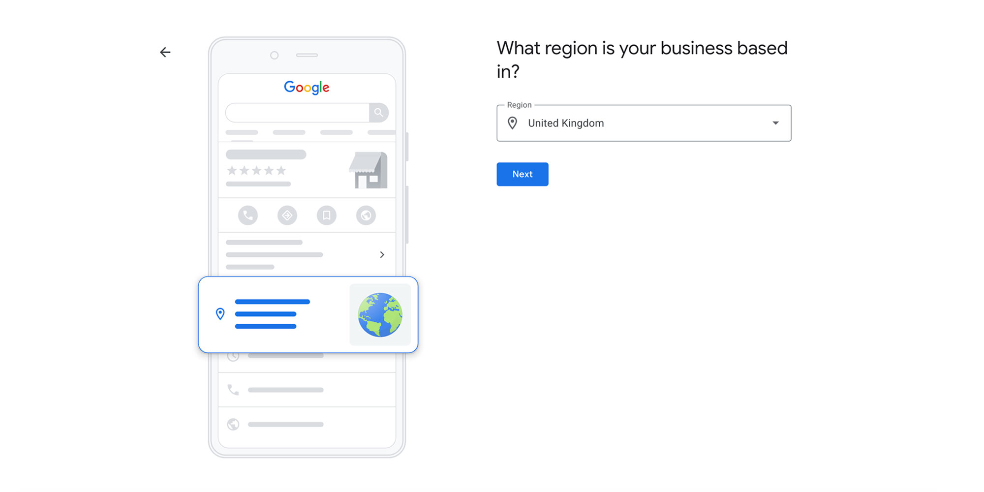 screenshot of web page showing the what region is your business based in section of the google business profile set up