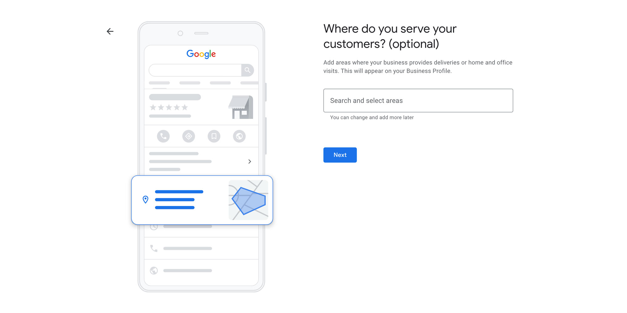 screenshot of web page showing the where do you serve your customers business section of the google business profile set up