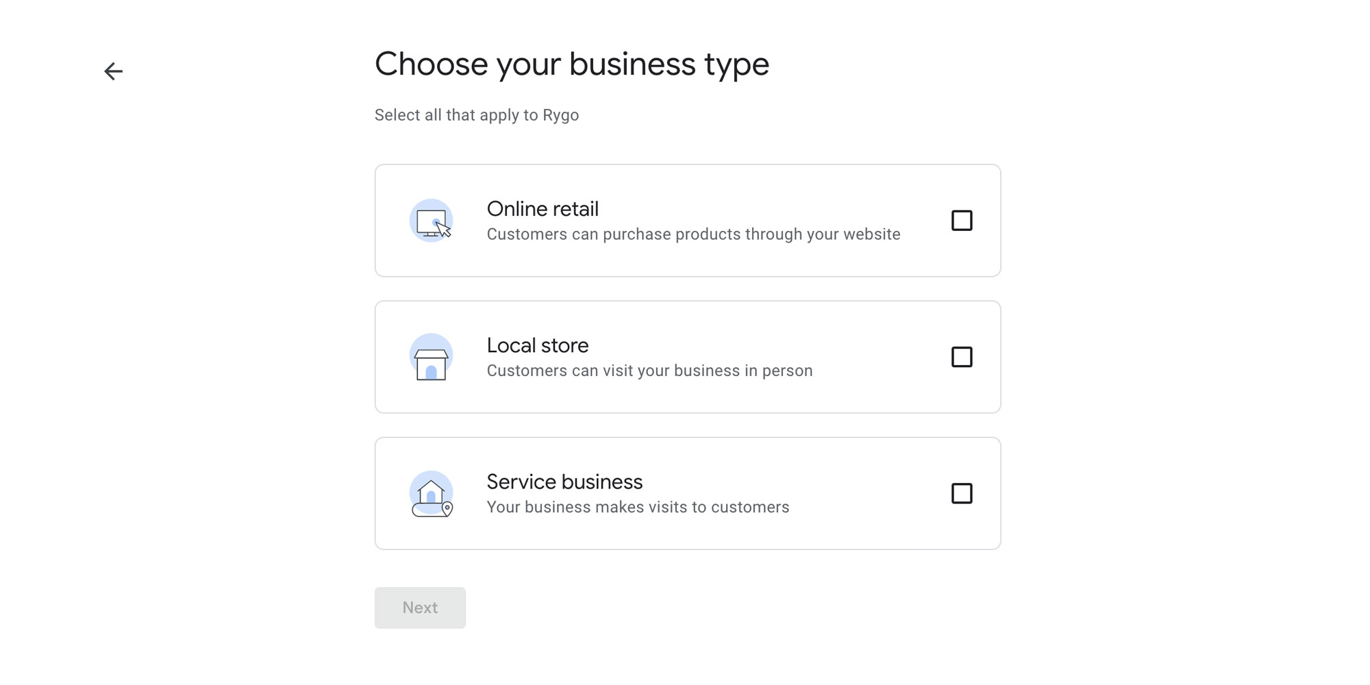 screenshot of web page showing the select your business type section of the google business profile set up