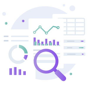 icon graphic showing a website analytics screen with a magnifying glass in front of it