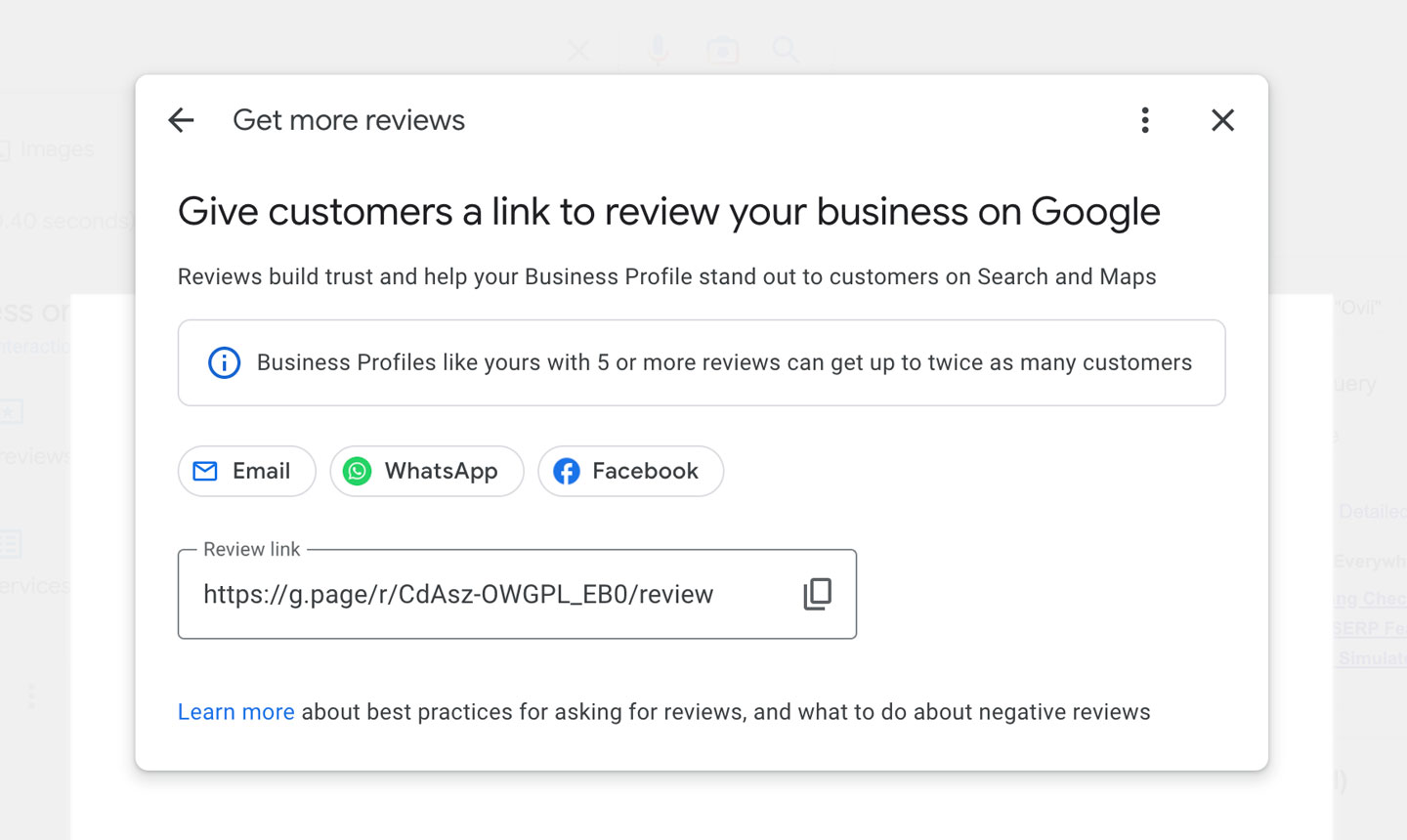 screenshot of a the get more reviews sharing link screen on google business profile
