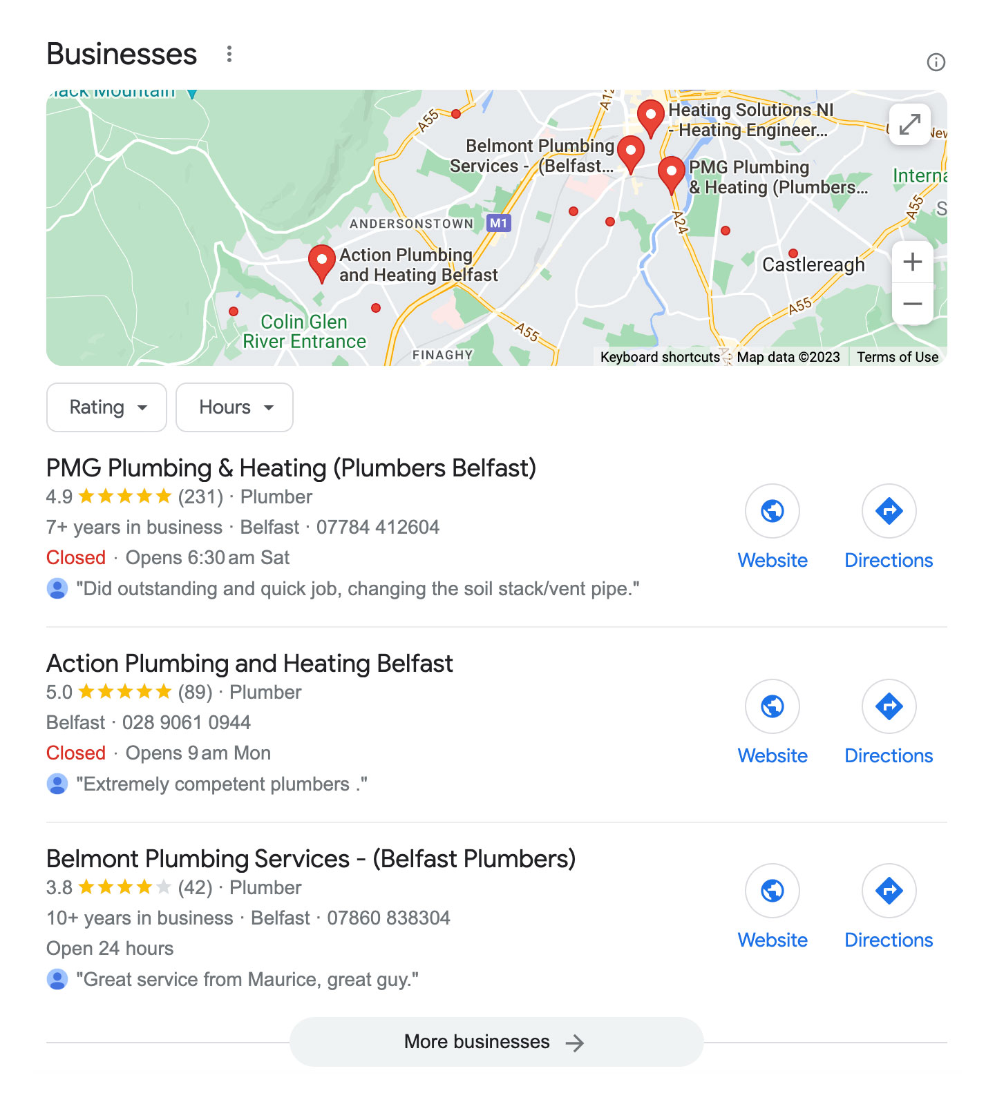 screenshot of a google search for belfast plumber showing the map pack results in the local search results page
