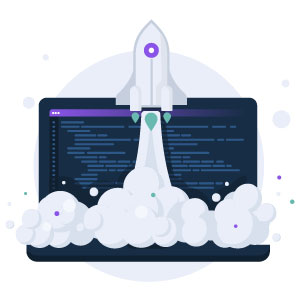 icon graphic showing a website screen with a rocket taking off in front of it
