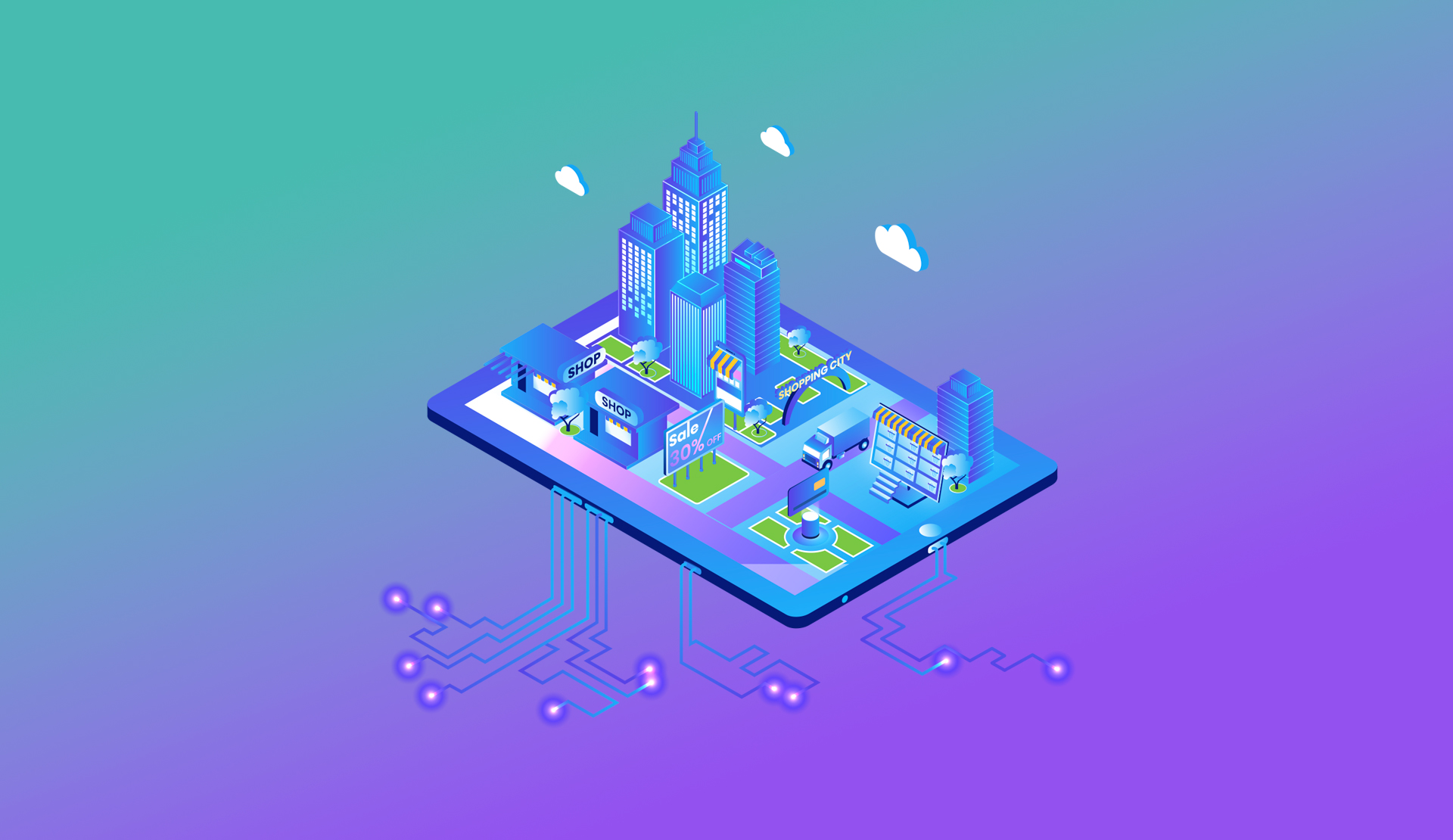 graphic of an isometric city with different business buildings
