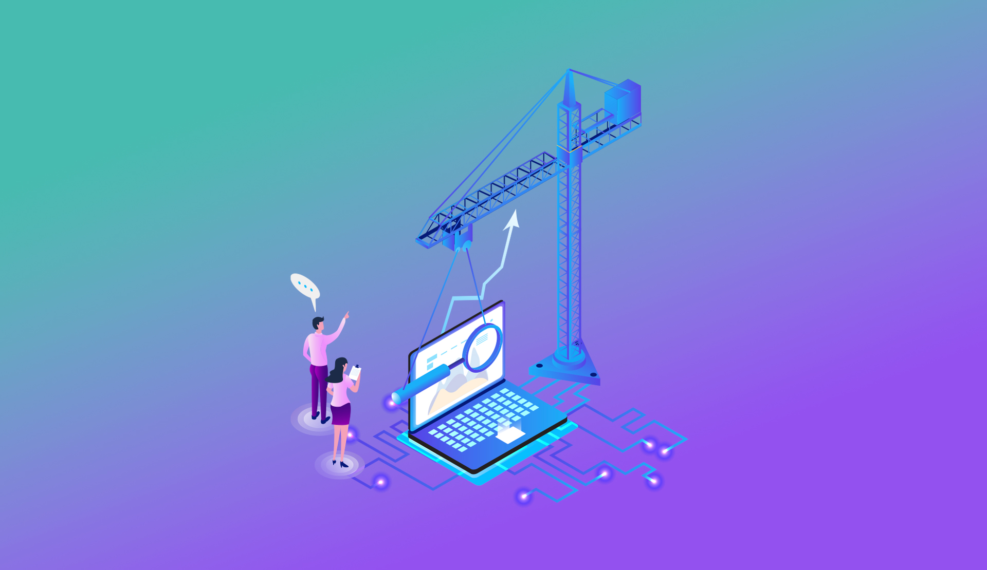 graphic of a person co-ordinating a crane thats attached to a computer with a website on it