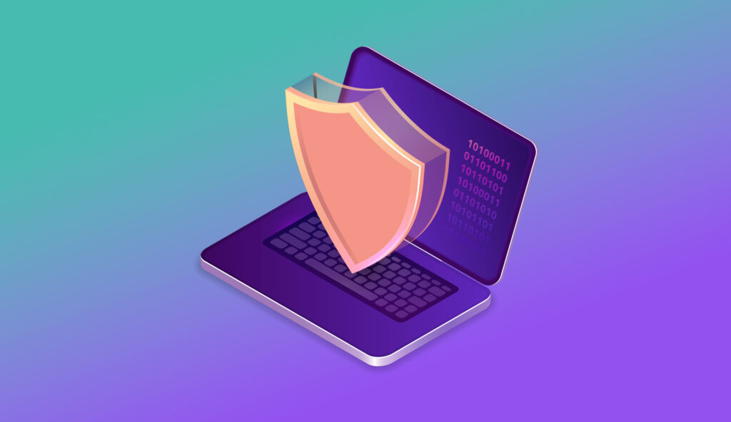 an isometric graphic showing a laptop with a website security shield resting on top of it