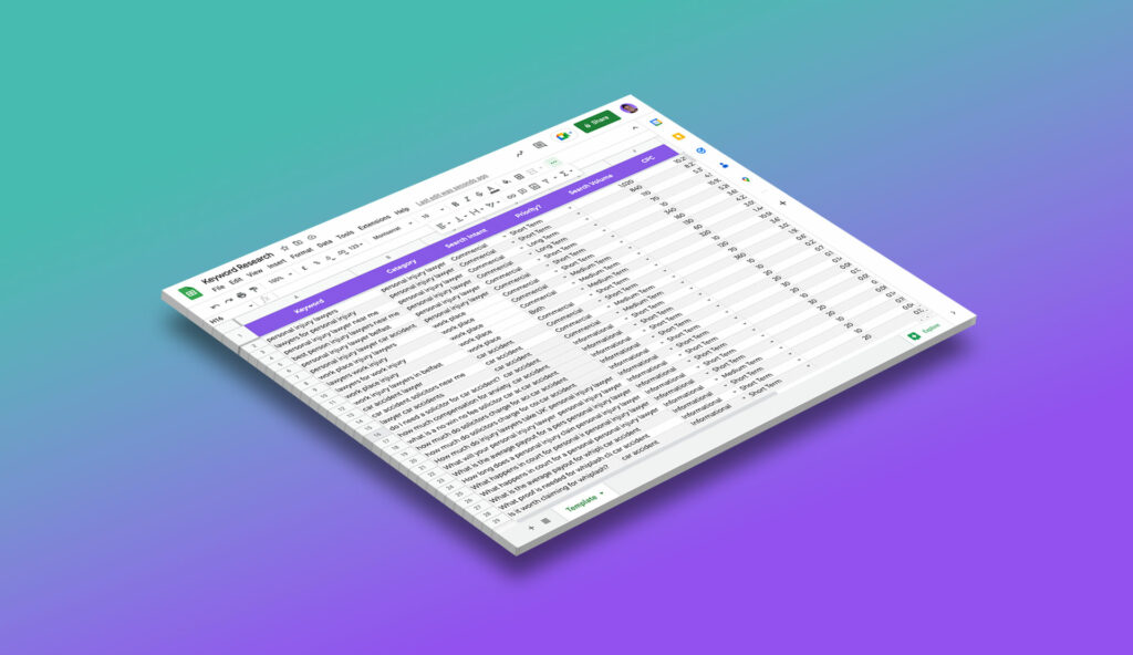 an isometric image of a Google sheet document that has lots of keywords and keyword mapping information on it