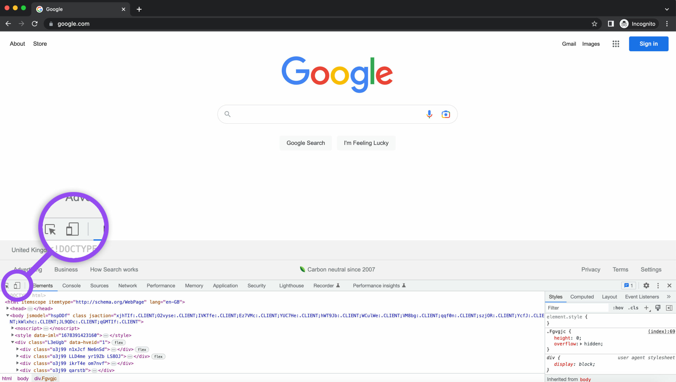 screenshot of a google chrome showing the button to click to open up the google chrome inspector tool
