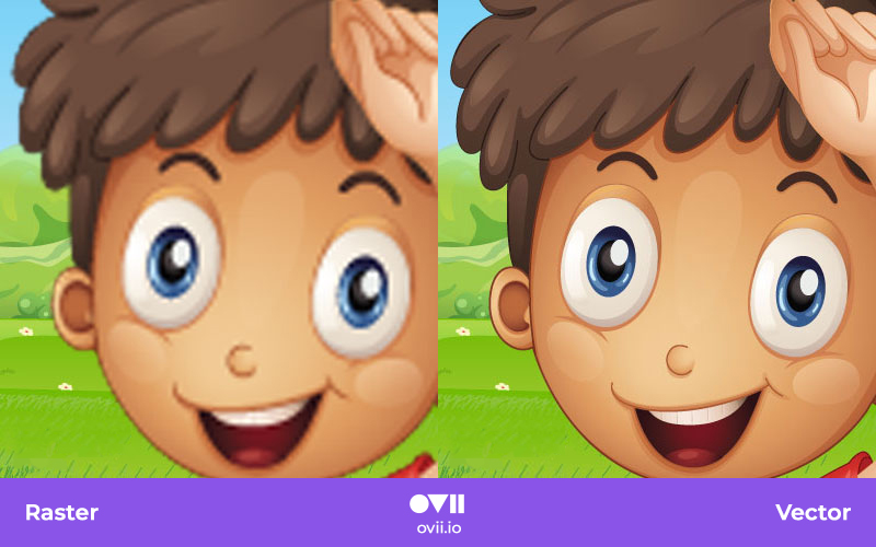 2 face shots of a cartoon boy with a pixelated raster image on the left and a sharp vector image on the right