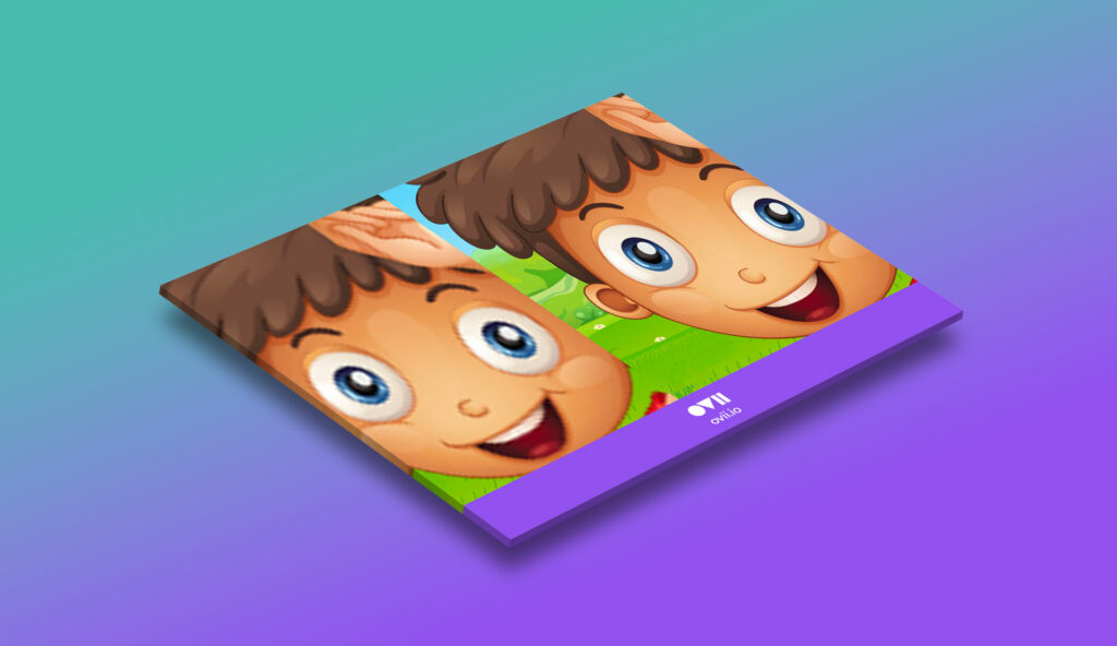 an isometric image of 2 face shots of a cartoon boy with a pixelated raster image on the left and a sharp vector image on the right
