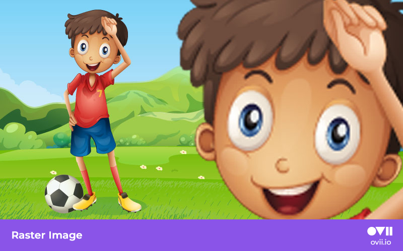 cartoon boy playing football soccer with pixelated enlarged raster image beside him