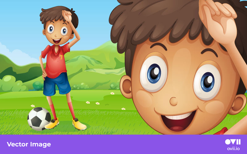 cartoon boy playing football soccer with sharp enlarged vector image beside him